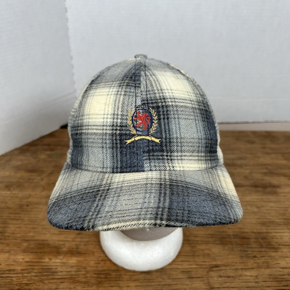 Vintage Tommy Hilfiger Hat Cap Green Blue Plaid Leather Strapback VTG 90s USA